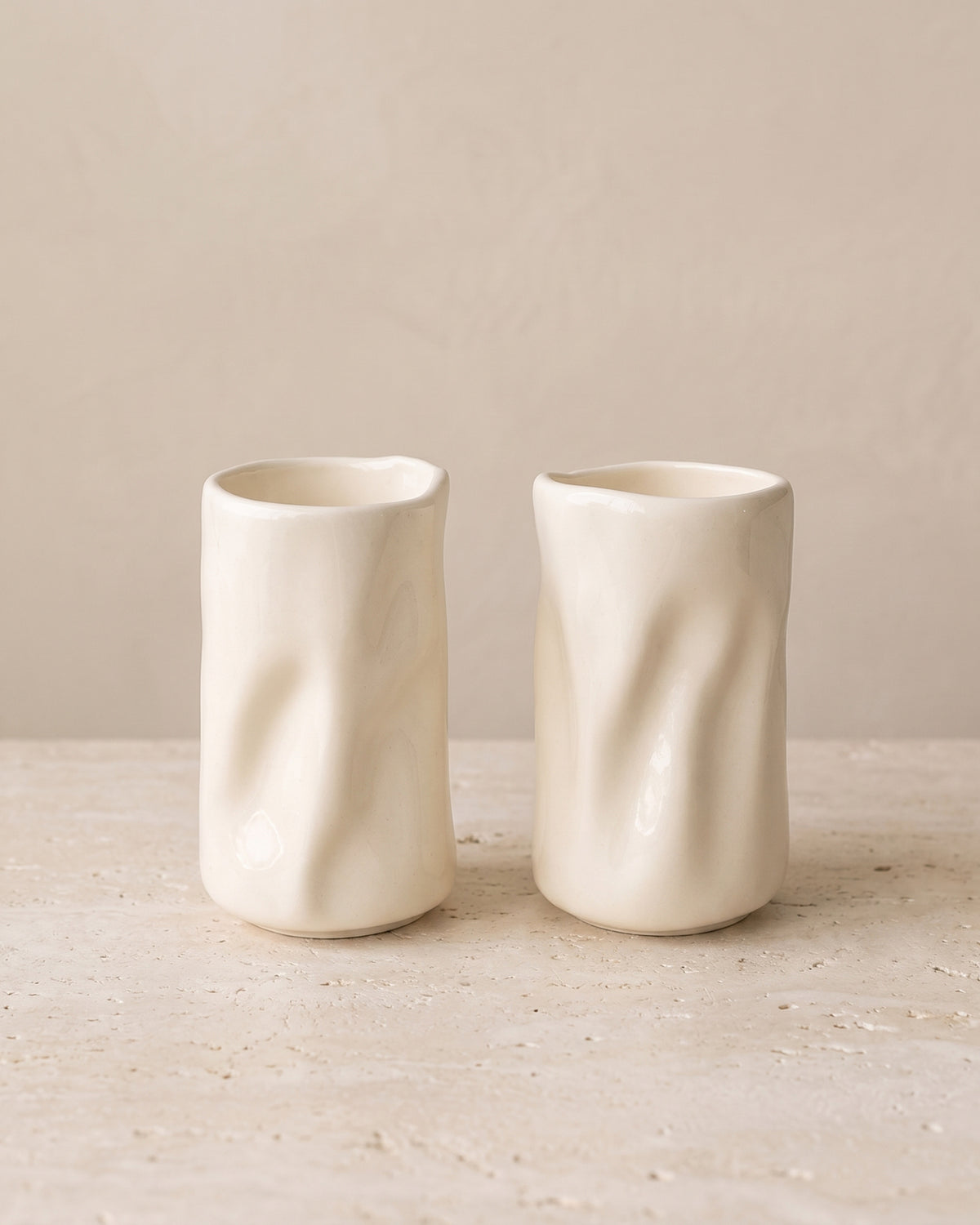 Diamond Wave Keramikbecher hoch | 2 Stück | Creme