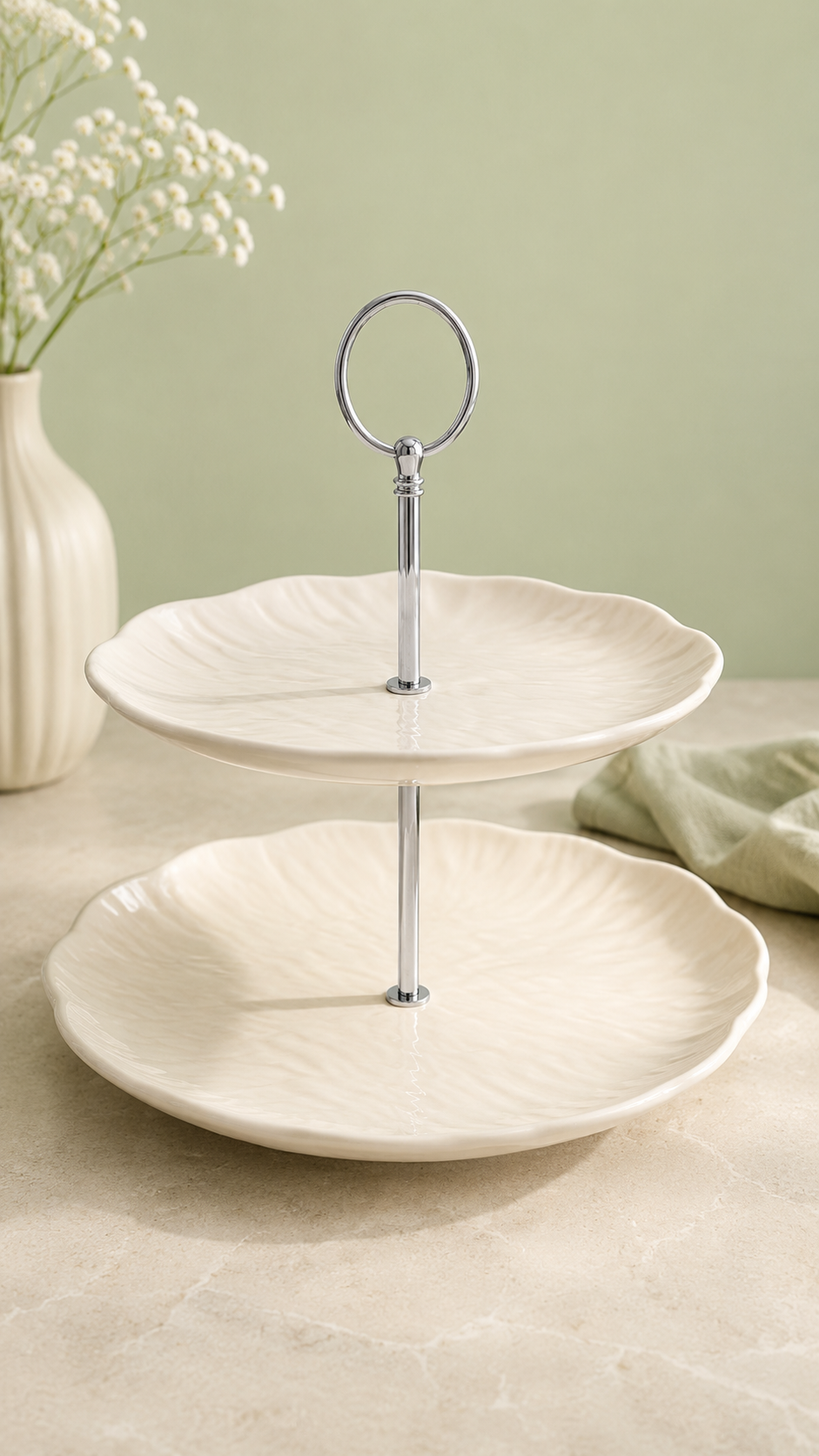 Cermico Beige Etagère 2-Laags – Ø 20,5 cm /Ø 27,3 cm