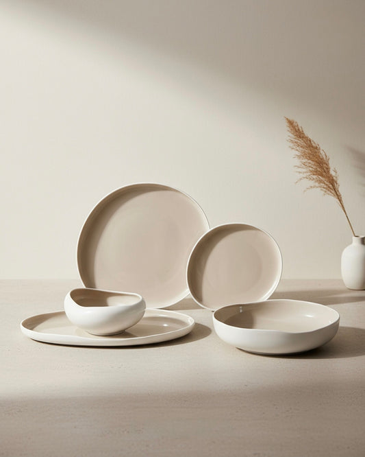 Barles Geschirrset Weiß/Taupe - 24-teilig - Porzellan
