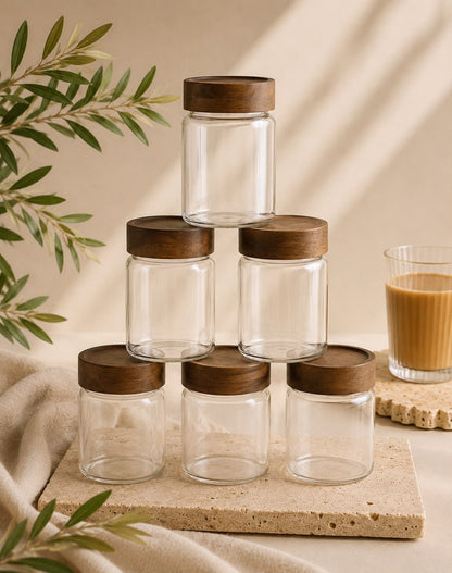 Space Gewürzdosen-Set, 6 Stück | Deckel aus Akazienholz