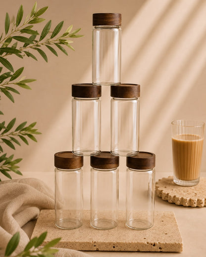 Space Gewürzdosen-Set, 6 Stück | Deckel aus Akazienholz
